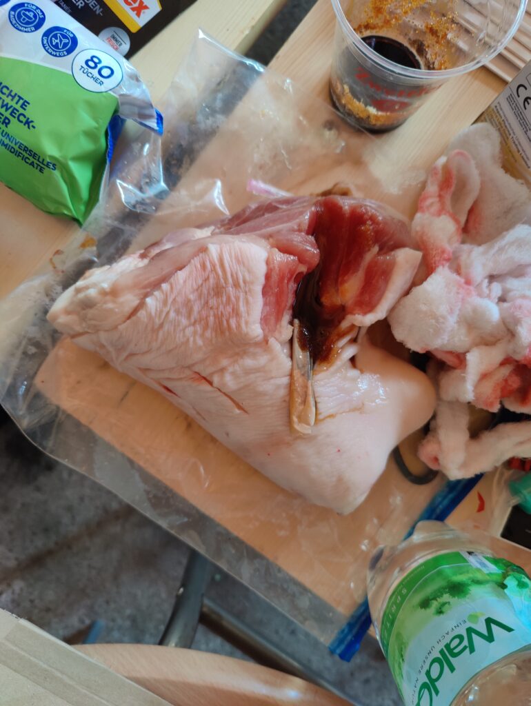Shoulder of pork with improvised disinfectant